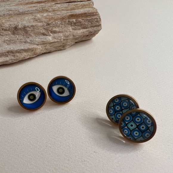 Gold Evil Eye Stud Earrings - Trendy Boho Chic Small Earrings - Stylish Studs - Picture 7 of 14